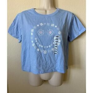 Blue White Happy Face Daisy Flowers Short Sleeve Crop T Shirt Top Size L
